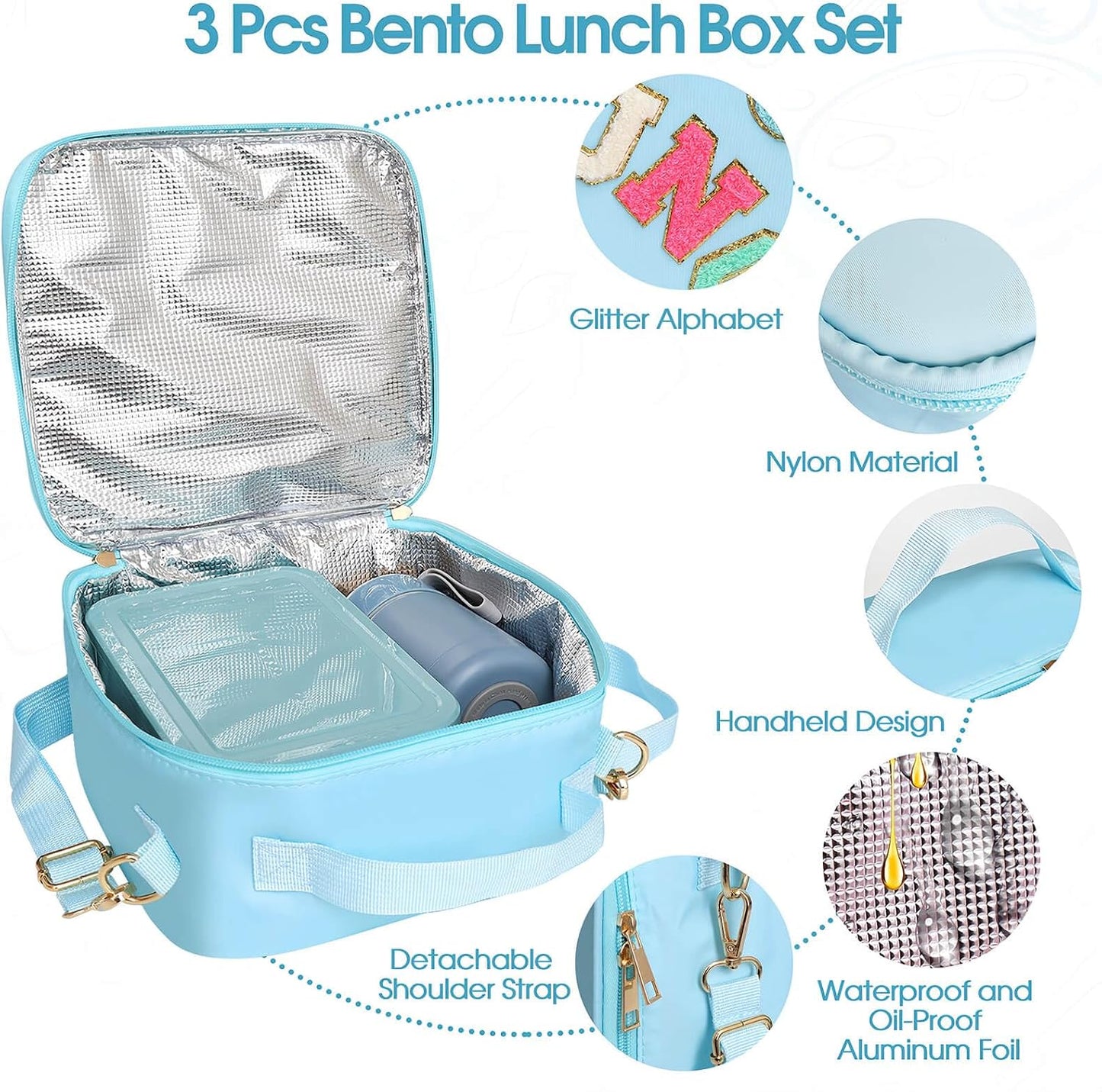 Insulated Lunch Bag for Boys Girls with 10oz Thermo, with 6 Compartment Bento Box, Black Nylon Preppy Lunch Box Adjustable Strap for Boy Girl Kids Teens School Travel Picnic