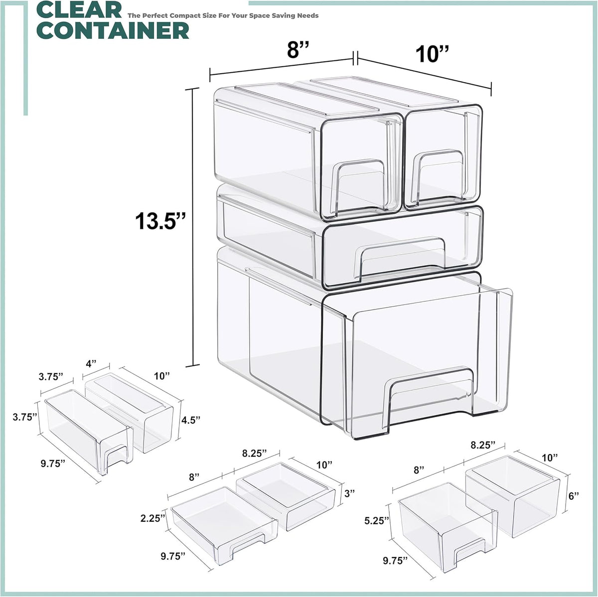 Sorbus Clear Stackable Storage Drawers, 4-Piece Set 1 Large, 1 Medium & 2 Small Pull-Out Plastic Organizer Bins with Handles for Bathroom, Closet, Pantry, Cabinet & Medicine Storage
