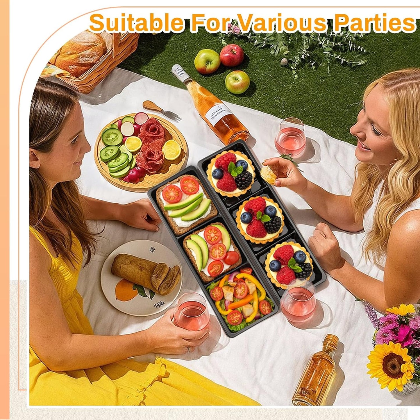 Shellwei 5 Pcs 3 Sections Rectangular Charcuterie Boards with Lid 15 x 5 in Serving Sushi Appetizer Platter Plastic Catering Divided Serving Travel Trays