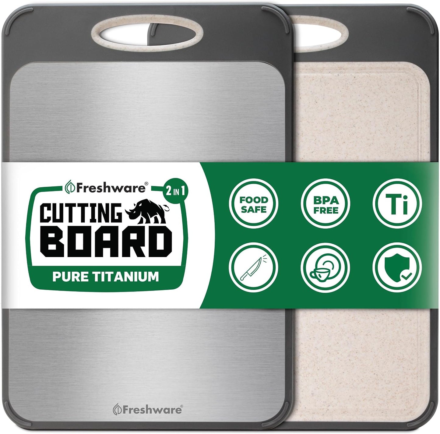 Freshware Titanium Cutting Board for Kitchen, Set of 2, Double Sided Cutting Boards, Pure Titanium/PP, Chopping Board with Juice Grooves, Dishwasher Safe, Medium 12.1" by 8.3" and Large 16.2" by 11"