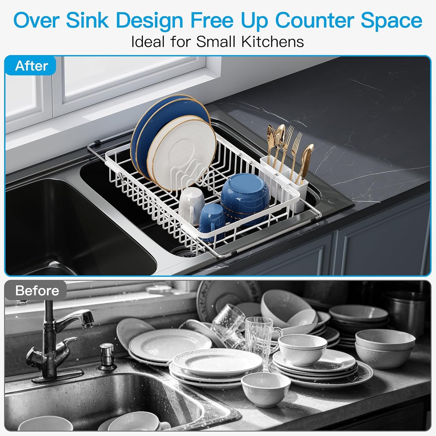 JASIWAY Dish Drying Rack in Sink, Expandable Stainless Steel Dish Drainers for Kitchen Counter, Dish Dryer Rack for Inside Sink, Over The Sink Dish Racks with Utensil Holder, Silver