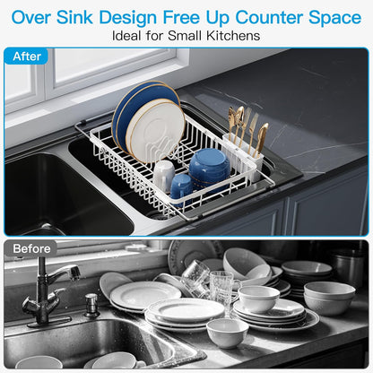 JASIWAY Dish Drying Rack in Sink, Expandable Stainless Steel Dish Drainers for Kitchen Counter, Dish Dryer Rack for Inside Sink, Over The Sink Dish Racks with Utensil Holder, Silver