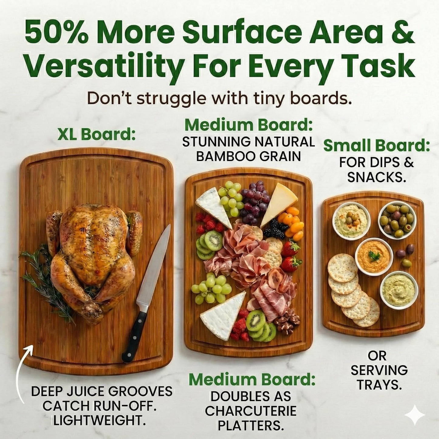 Greener Chef Luxury Wood Cutting Board 3-Piece Set with Vertical Grain Strength Technology - Extra Large Bamboo Cutting Boards for Kitchen with Deep Juice Grooves for Chopping - Lifetime Replacements