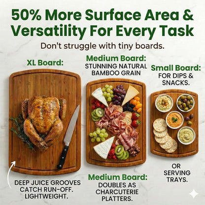 Greener Chef Luxury Wood Cutting Board 3-Piece Set with Vertical Grain Strength Technology - Extra Large Bamboo Cutting Boards for Kitchen with Deep Juice Grooves for Chopping - Lifetime Replacements