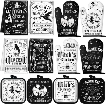 SiliFine 12 Pcs Fall Pumpkin Kitchen Towels Oven Mitts Pot Holders Set