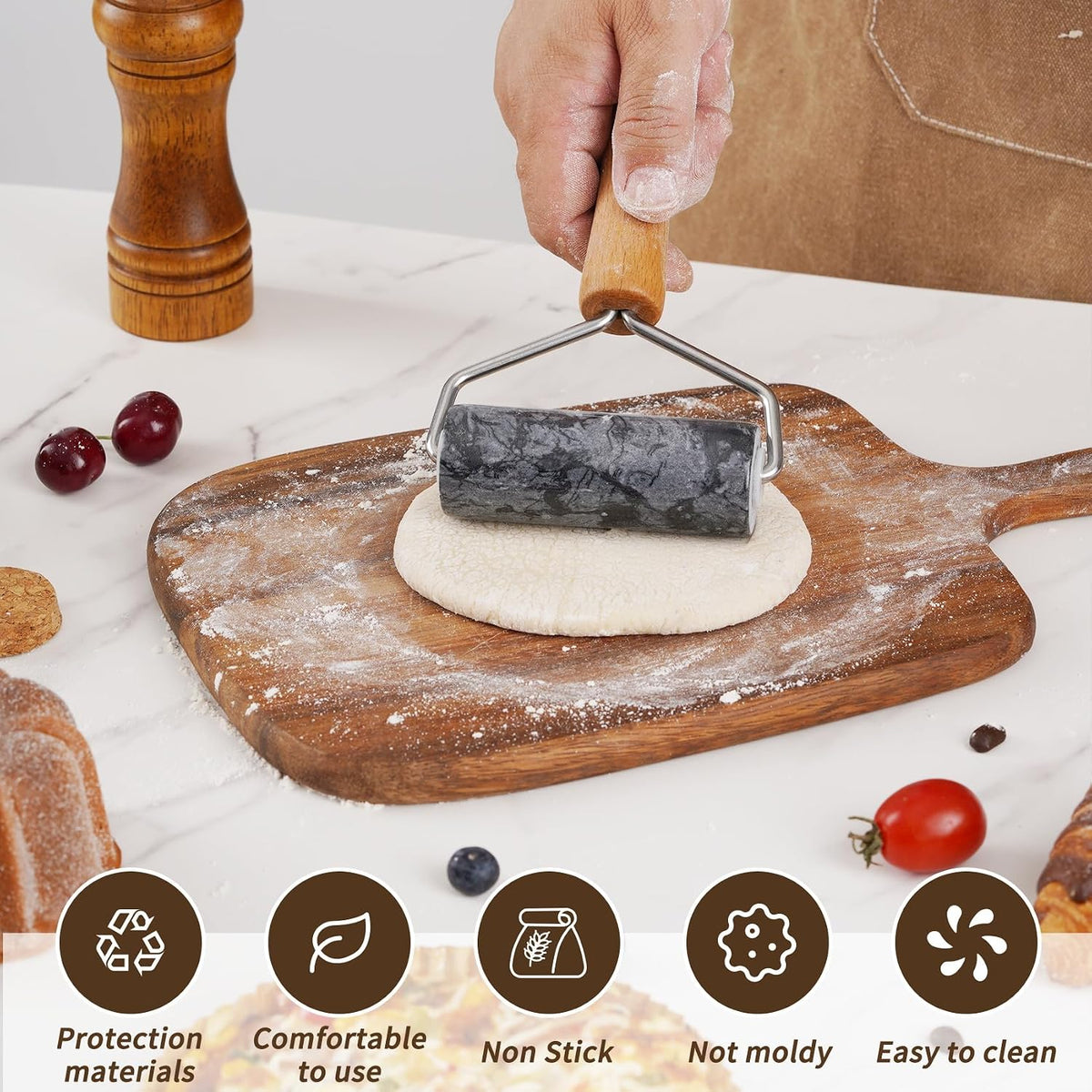 Small Marble Rolling Pin Pizza Roller for Baking (Type B Black)