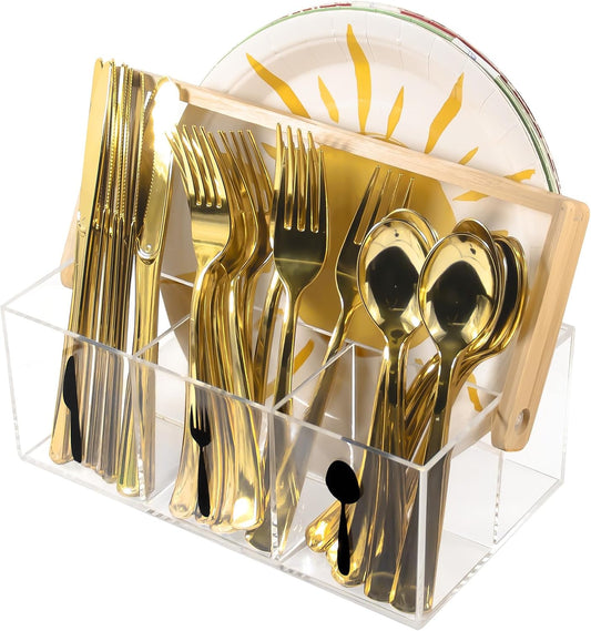 Acrylic Utensil Caddy with Bamboo Handle, Clear Silverware Organizer with Labeled Compartments & Plate Holder, Portable Cutlery Holder for Kitchen Counter, Buffet, Picnic, Party
