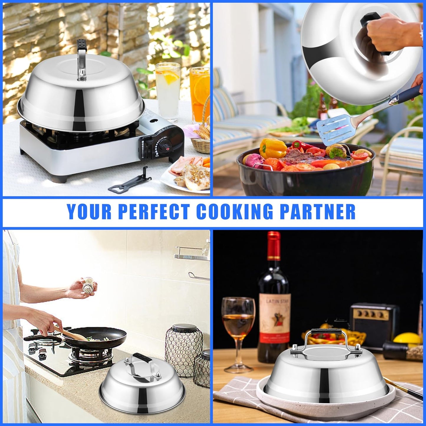 Cheese Melting Dome Set of 3, Leonyo 12"-9"-6.5" Metal Steam Basting Cover for Griddle Grill, Heavy duty Stainless Steel Griddle Accessories for BBQ Flat Top Kitchen Cooking Hamburger, Heat Proof Grip