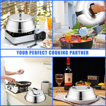 Cheese Melting Dome Set of 3, Leonyo 12"-9"-6.5" Metal Steam Basting Cover for Griddle Grill, Heavy duty Stainless Steel Griddle Accessories for BBQ Flat Top Kitchen Cooking Hamburger, Heat Proof Grip
