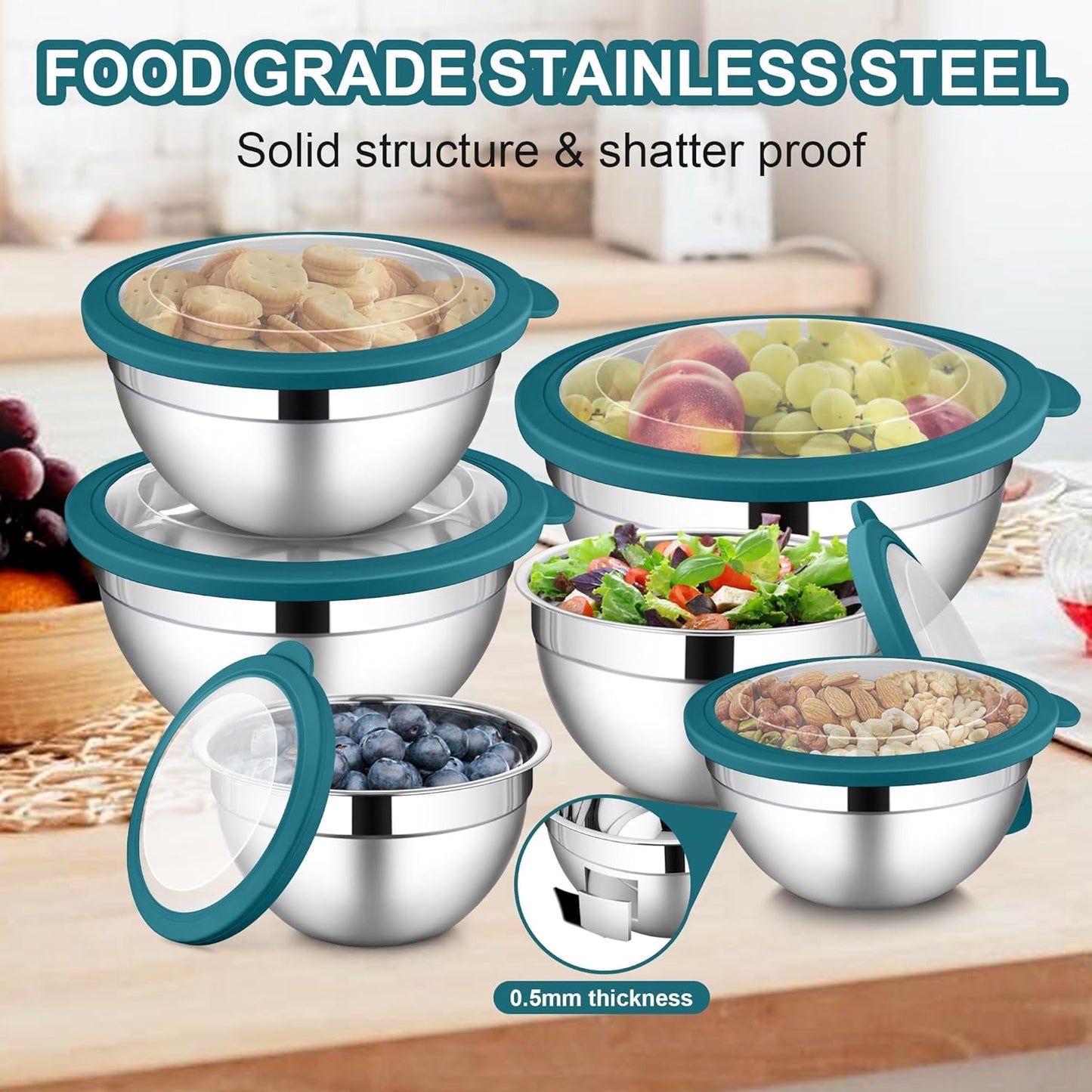 LIANYU Stainless Steel Mixing Bowls Sets of 6, Large 7, 3.5, 2.5, 2, 1.5, 1QT Size with Transparent Airtight Lids, Metal Nesting Serving Bowl Sets for Home Kitchen, Dishwasher & Freezer Safe, Black