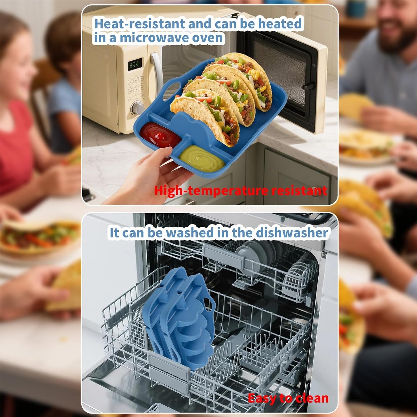2PCS Silicone Taco Holder Plates, Reusable Taco Plates Holder with Handle for Party, Taco Stand Taco Tray for Taco Bar Serving Set, Oven Safe for Baking, Dishwasher and Microwave Safety