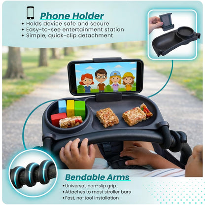 Swanoo Universal Stroller Snack Tray | Compatible With Nuna Mockingbird Bugaboo Uppababy | Stroller Bumper Bar Tray Attachment with Cup Holder | Baby Toddler Disneyland Essentials Stroller Accessories