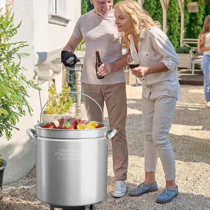 Bonnlo 30QT Aluminum Stock Pot for Boiling Seafood, Crawfish & Crab, Frying Turkey & Steaming Tamales, Large Boil Pot with Strainer Basket, Lid, Lifting Hook & Steamer Rack for Outdoor Cooking