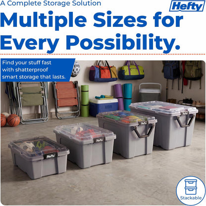 Hefty MAX Pro 12 Gallon Storage Bins with Latching Lids, Heavy Duty Stackable Plastic Storage Containers for Garage, Basement & Outdoor Use, Utility Storage Tote, 6 Pack, Gray