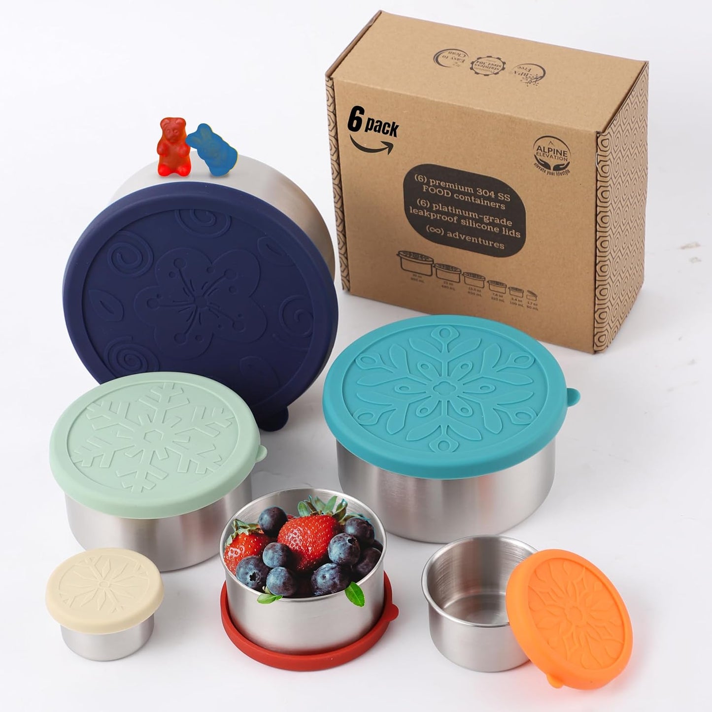 Alpine Elevation 12 Pcs - 6 Stainless Steel Containers + 6 Silicone Lids | 304 Stainless Steel Snack Container | Nesting Snack and Dip Containers | Metal Food Storage