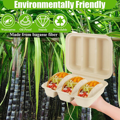 50 PCS Disposable Taco Holders with Lids Taco Plates with 3 Dividers Taco Trays Disposable To Go Taco Holders for Party Pulp Fiber To Go Taco Containers for 3 Taco Bar Serving Set for a Party