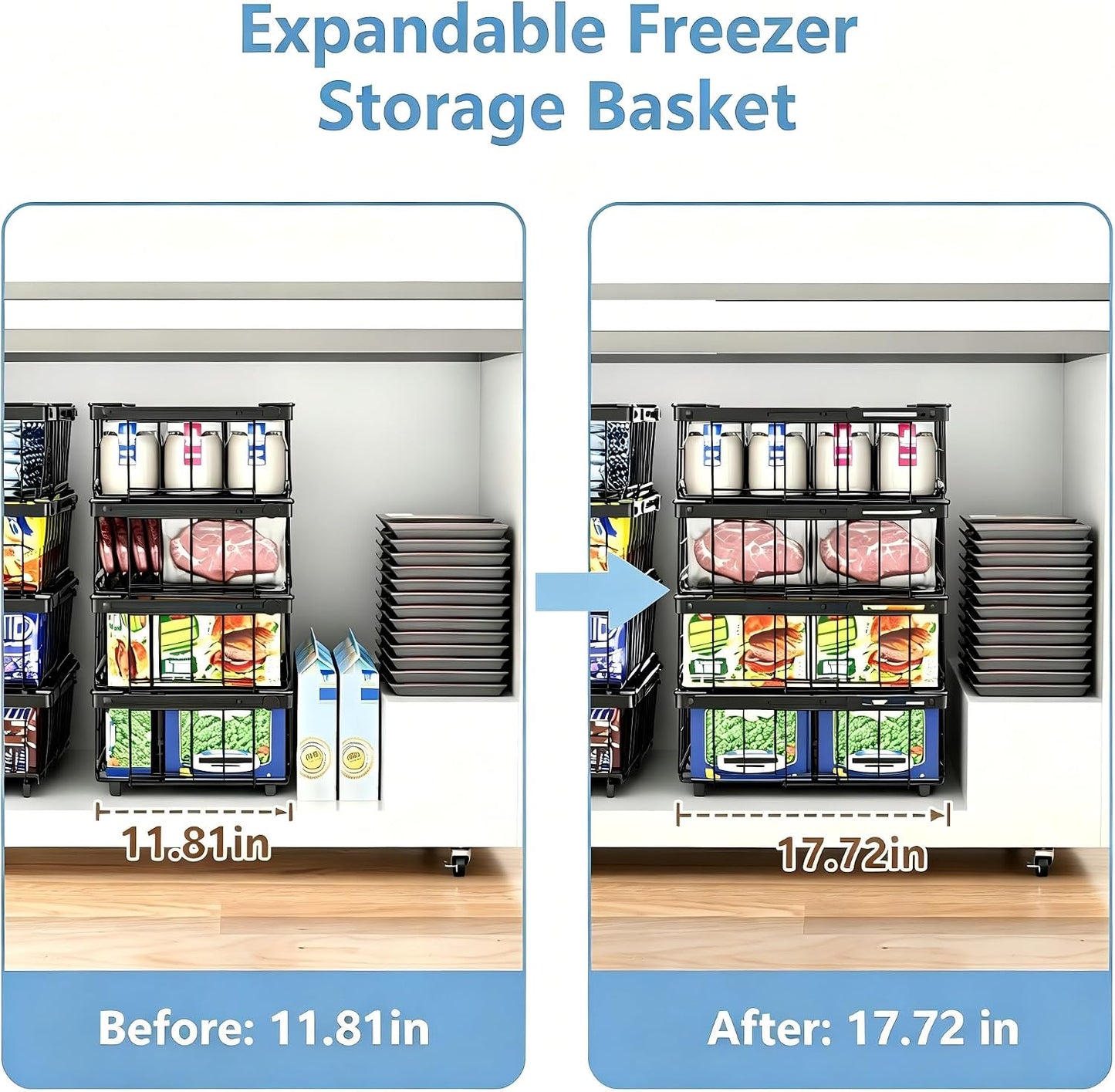 Freezer Organizer Bins 6 Pack: Wire Basket Stackable Storage Containers Expandable 11.81" to 17.72" with Foldable Handles for 5+ Cu.FT Fridge Cabinet Shelves Pantry Kitchen White