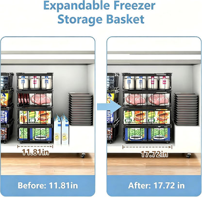 Freezer Organizer Bins 6 Pack: Wire Basket Stackable Storage Containers Expandable 11.81" to 17.72" with Foldable Handles for 5+ Cu.FT Fridge Cabinet Shelves Pantry Kitchen White