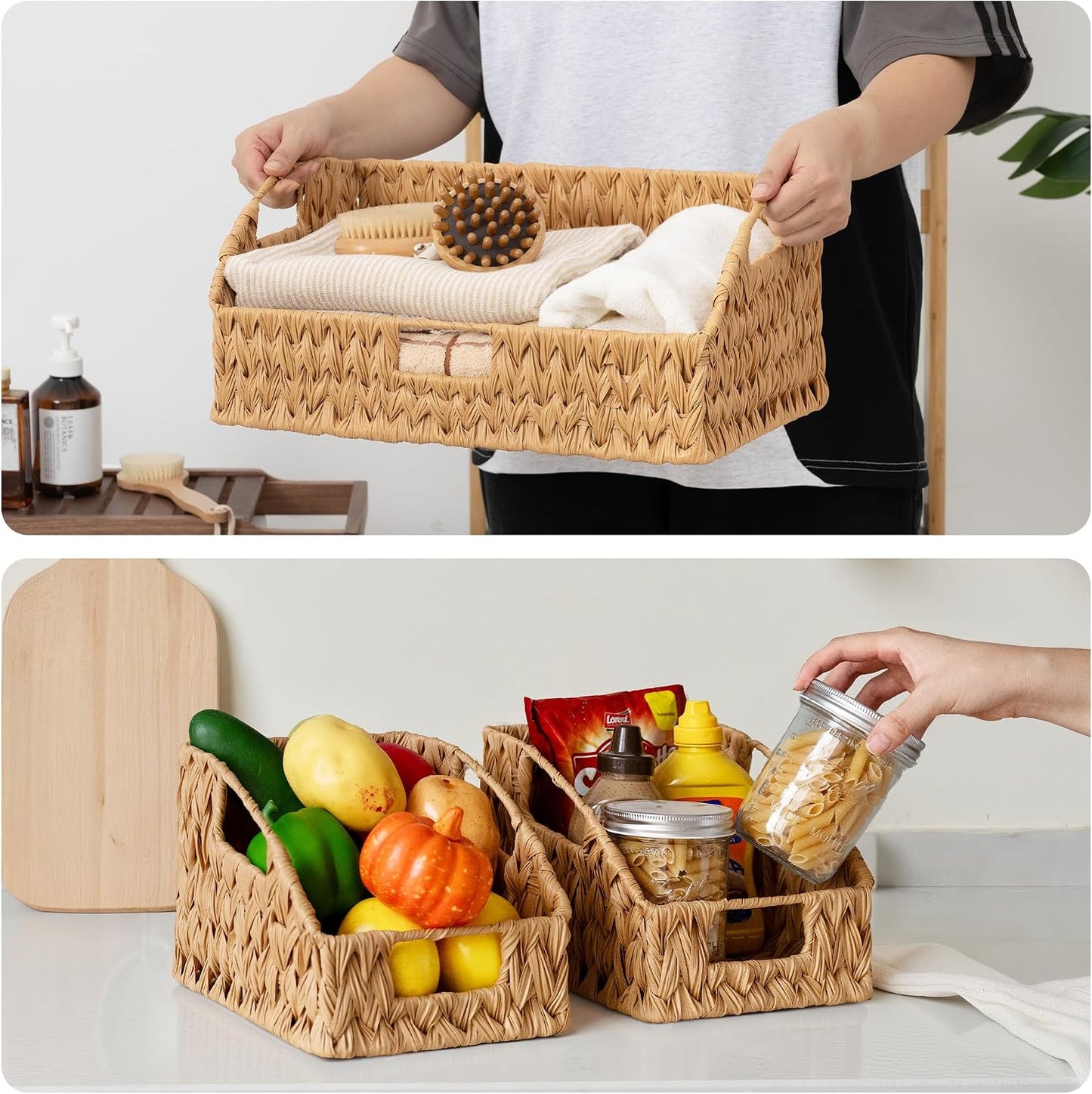 GRANNY SAYS Wicker Storage Baskets for Shelves, Trapezoid Woven Basket with Handles, Storage Wicker Baskets for Pantry, Water Hyacinth, 2-Pack