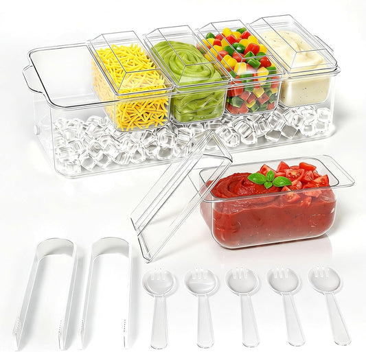 ARSTPEOE Condiment Tray, Chilled Condiment Server for Home, Party, Celebration, Bar Garnish Holder on Ice, Bar Accessories Fruit and Salad with Removable Trays and Lids (5 Spoons & 2 Tongs)