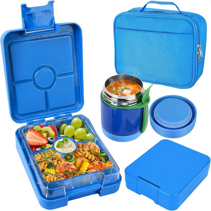 Pawtong Bento Lunch Box Set With 10oz Soup Thermo, Leak-proof Lunch Containers with 4 Compartment, Kids Hot Thermo Food Jar/Insulation Lunch Bag, Food Containers for School（Dinosaur）
