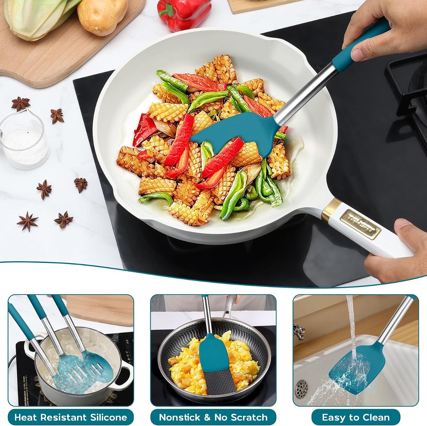 Onader Kitchen Utensils Set, 15 Pcs Silicone Cooking Utensils Set with Holder and Heat Resistant Stainless Steel Handle for Nonstick Cookware - Black