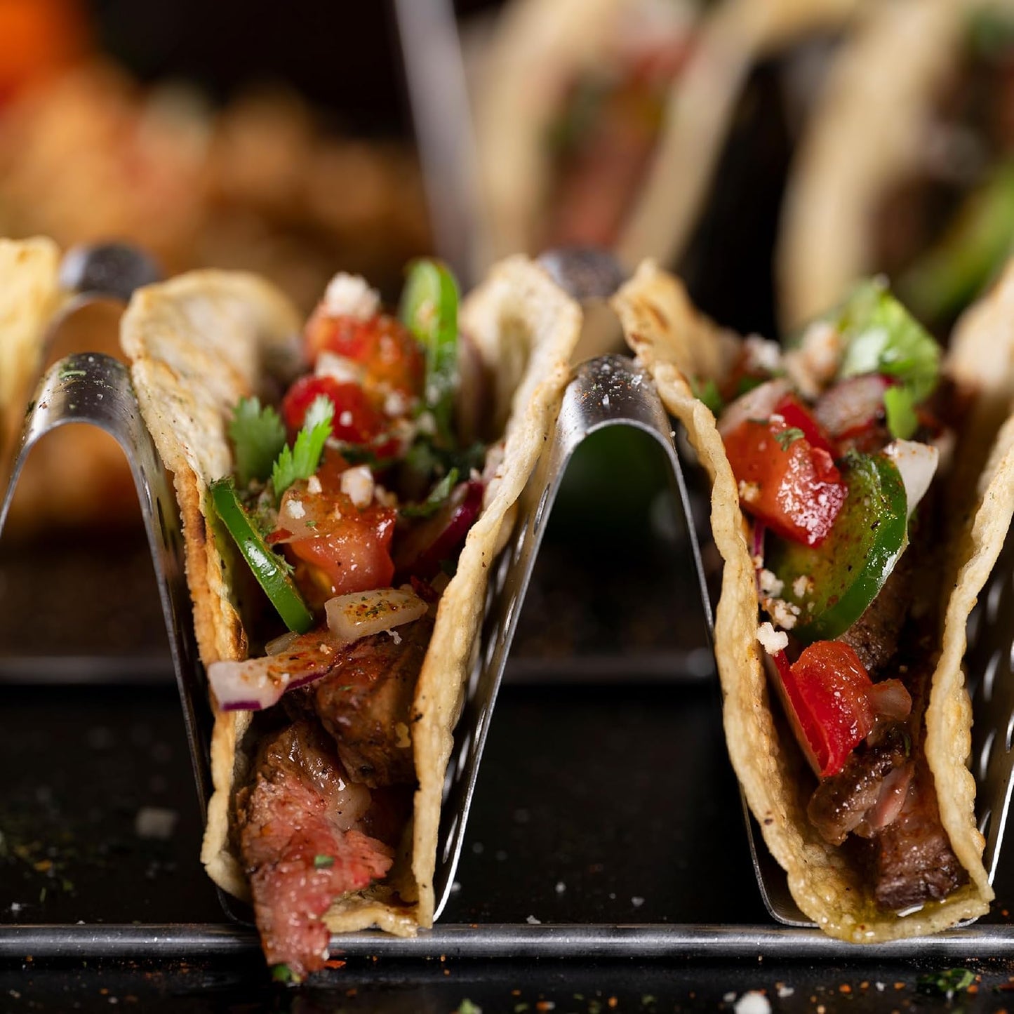 BLACKSTONE 5551 Deluxe Taco Holder Stand Pack of 2 - Stainless Steel Taco Racks With Heat Resistant Handles - One Tray Holds 6 Tacos - Dishwasher Safe, Black/Silver