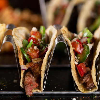 BLACKSTONE 5551 Deluxe Taco Holder Stand Pack of 2 - Stainless Steel Taco Racks With Heat Resistant Handles - One Tray Holds 6 Tacos - Dishwasher Safe, Black/Silver