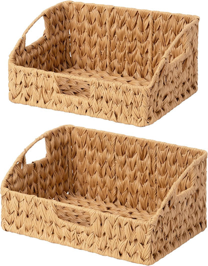 GRANNY SAYS Wicker Storage Baskets for Shelves, Trapezoid Woven Basket with Handles, Storage Wicker Baskets for Pantry, Water Hyacinth, 2-Pack
