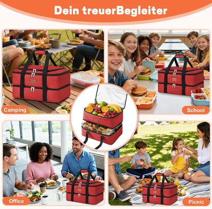 Insulated Casserole Carrier, Double Decker Food Carriers for Hot or Cold Food, Portable Leakproof Thermal Bag for Travel/Potluck Parties/Picnic/Cookouts (Red)