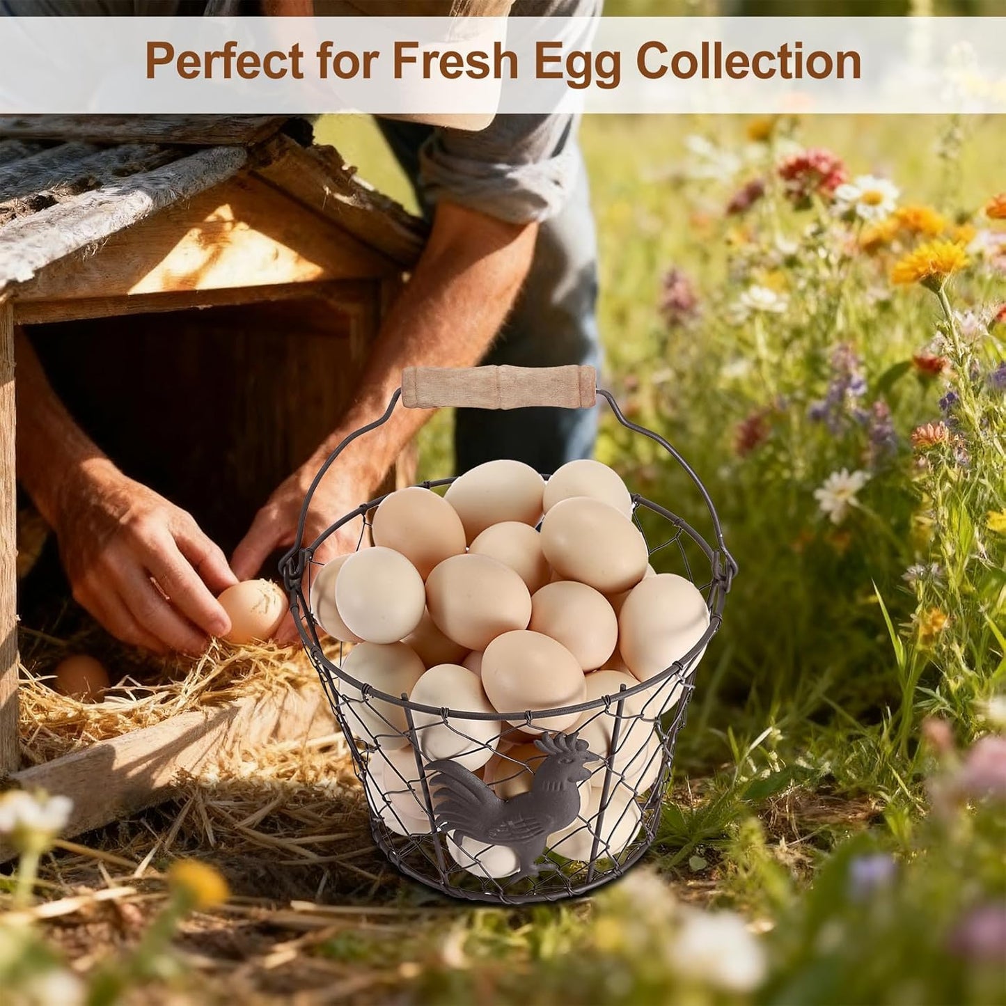3 PCS 8’’ Farmhouse Egg Collecting Basket with Wood Handle, Rustic Metal Wire Chicken Eggs Holder Basket for Countertop Kitchen, Wire Egg Basket Vintage Style, Round, Rooster Pattern
