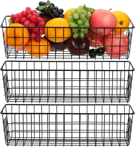 Hedume 3 Pack Metal Wire Storage Organizer Basket, 16.2" x 6.3" x 4.4" Bin Basket with Handles, Versatile Organizer for Kitchen, Pantry, Closet, Laundry Room, Cabinets, Bathroom - Black