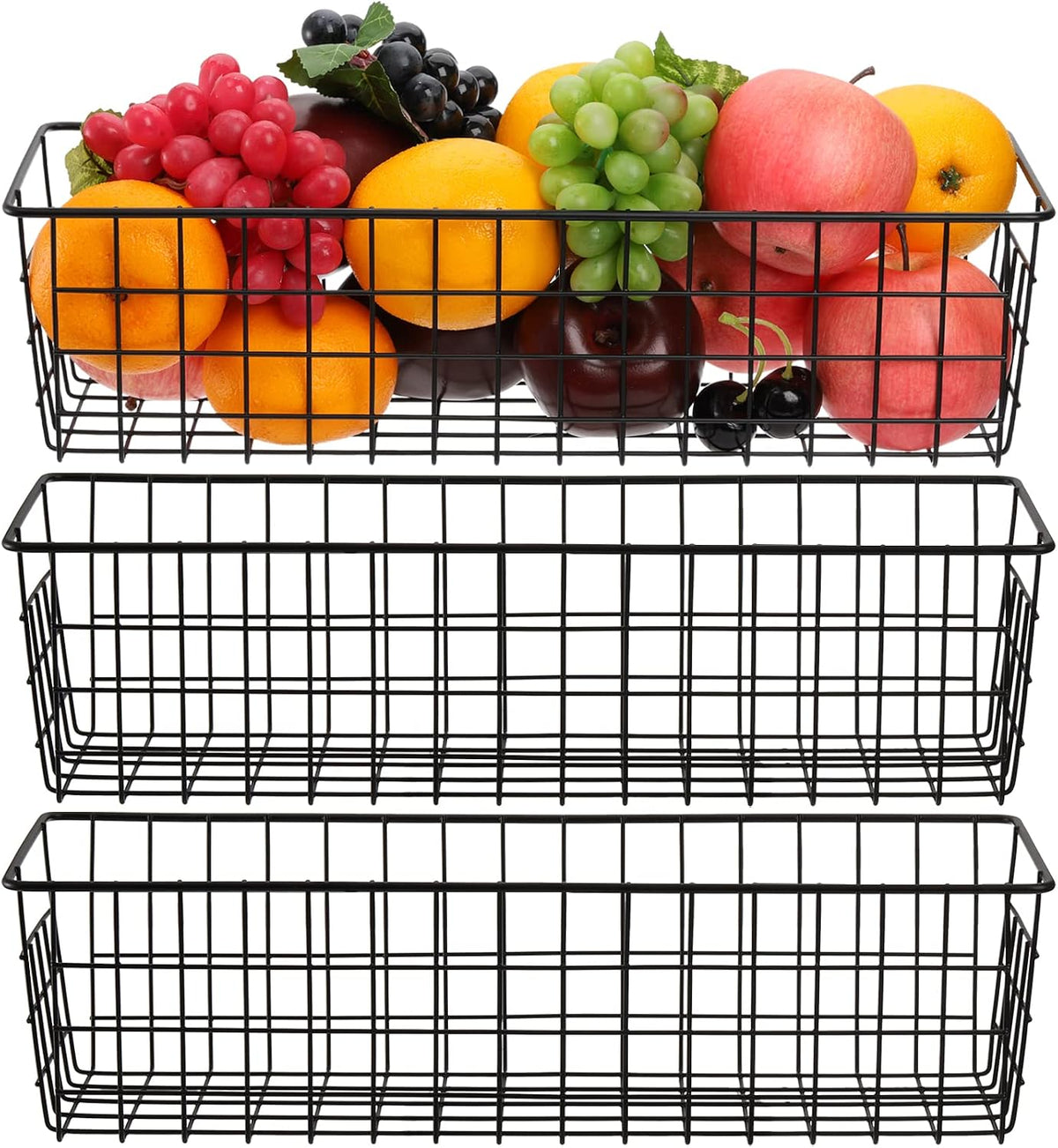 Hedume 3 Pack Metal Wire Storage Organizer Basket, 16.2" x 6.3" x 4.4" Bin Basket with Handles, Versatile Organizer for Kitchen, Pantry, Closet, Laundry Room, Cabinets, Bathroom - Black