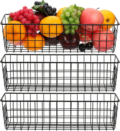 Hedume 3 Pack Metal Wire Storage Organizer Basket, 16.2" x 6.3" x 4.4" Bin Basket with Handles, Versatile Organizer for Kitchen, Pantry, Closet, Laundry Room, Cabinets, Bathroom - Black