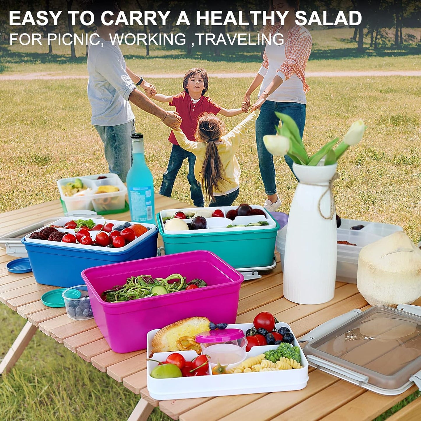 3 Pack Salad Lunch Box Food Storage Containers, 47oz Bento Box To Go Container with Lids, Reusable Meal Prep Containers with Removable Tray & Dressing Pots for Kids and Adults, Microwave Safe