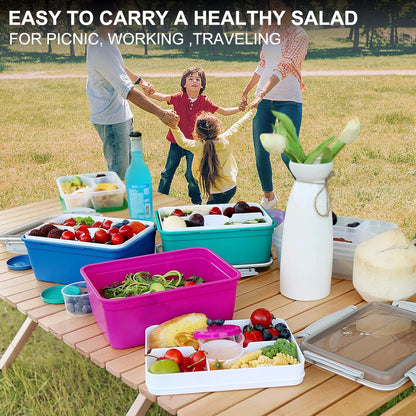3 Pack Salad Lunch Box Food Storage Containers, 47oz Bento Box To Go Container with Lids, Reusable Meal Prep Containers with Removable Tray & Dressing Pots for Kids and Adults, Microwave Safe