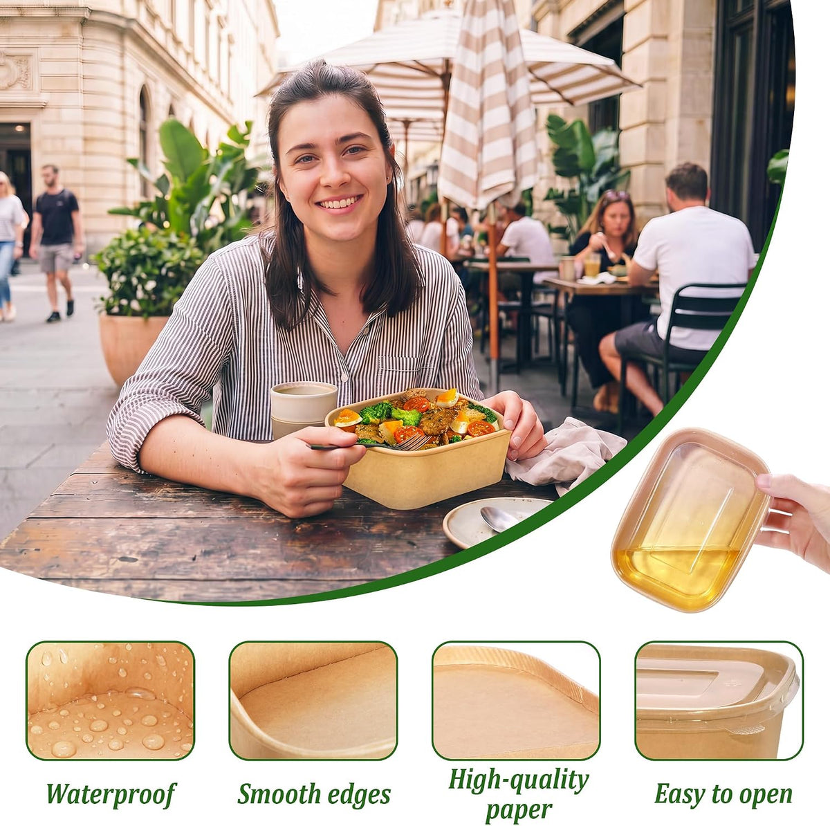 50 Pack 29oz Disposable Meal Prep Containers with Lids and Forks, Microwave and Freezer Safe Kraft Paper Bowls for Salad Noodles, Take Out Containers for Hot/Cold Food