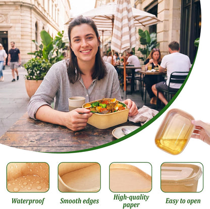 50 Pack 29oz Disposable Meal Prep Containers with Lids and Forks, Microwave and Freezer Safe Kraft Paper Bowls for Salad Noodles, Take Out Containers for Hot/Cold Food