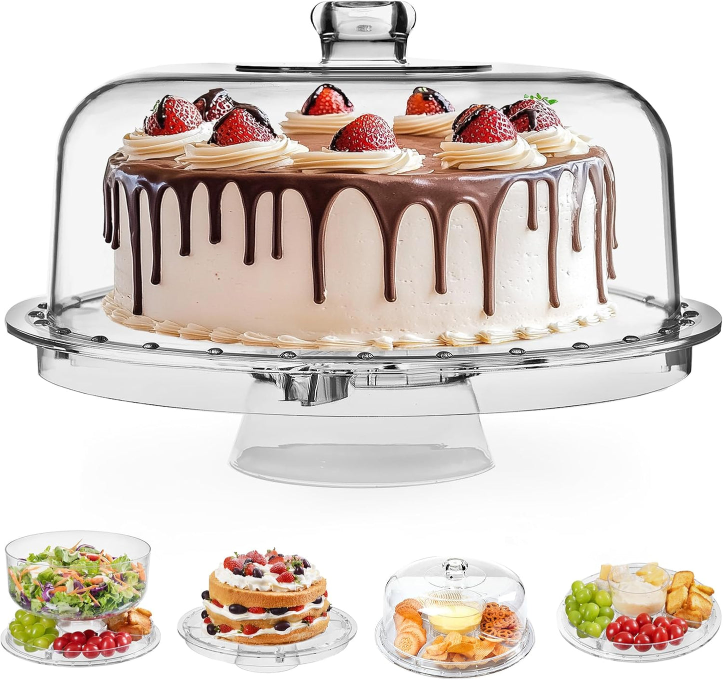 HBlife Cake Stand with Lid (11.4"), Multifunctional Cake Stand with Acrylic Dome, Acacia Wood 6-in-1 Cake Plate Display Stand with Cover for Baking Gifts, Birthday Kitchen Parties, Weddings