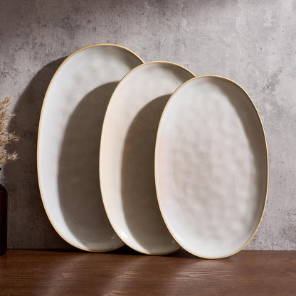 famiware Serving Platter, Oval 15.59/14.3/12.9inch Serving Dishes for Entertaining, Serving Bowls, Microwave Safe, Stoneware Serving Trays for Party, Food, Turkey, Cheese, Ocean Series, Vanilla White