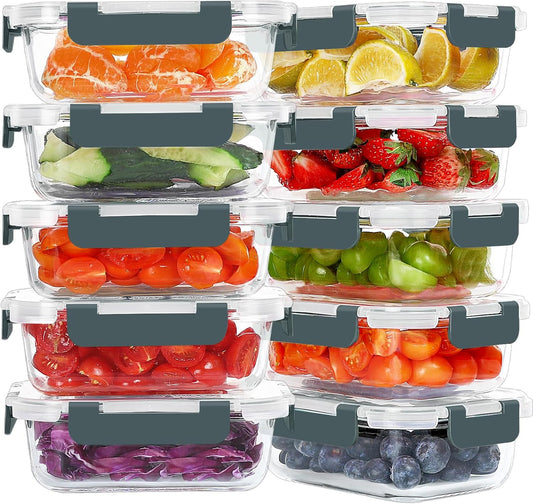 KOMUEE 10 Packs 22 oz Glass Meal Prep Containers, Glass Food Storage Containers with Lids, Airtight Lunch Boxes BPA Free, Microwave and Freezer Safe