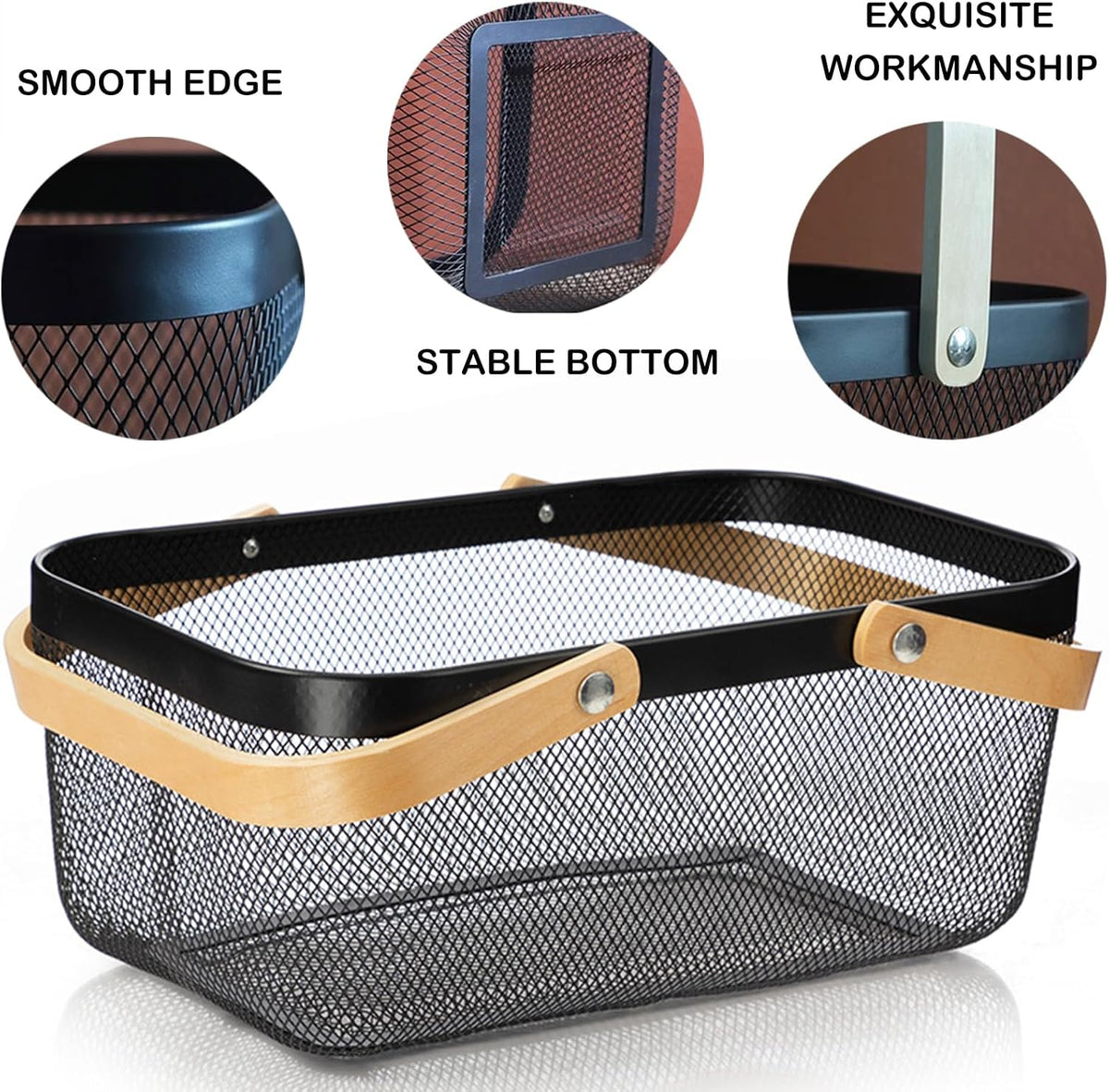 Cheardia 2 Pack Picnic Baskets, Metal Mesh Harvest Basket with Foldable Wooden Handle, Rectangle Garden Storage Basket Bin for Vegetable Fruit Garden Kitchen Cabinet Picking Gathering