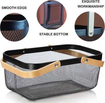 Cheardia 2 Pack Picnic Baskets, Metal Mesh Harvest Basket with Foldable Wooden Handle, Rectangle Garden Storage Basket Bin for Vegetable Fruit Garden Kitchen Cabinet Picking Gathering