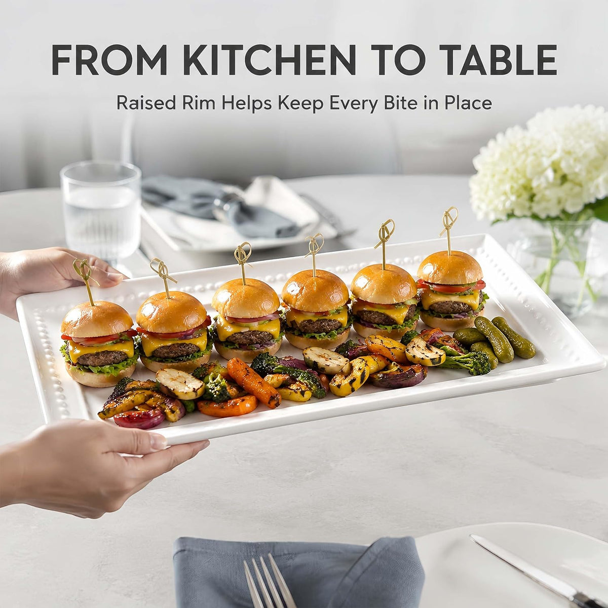 14 inch Ceramic Serving Platter - Rectangular Serving Trays Set of 4, Large Embossed Plates, Porcelain White Platters for Steak, Appetizer, Dessert, Tacos, Housewarming, Oven Dishwasher Safe