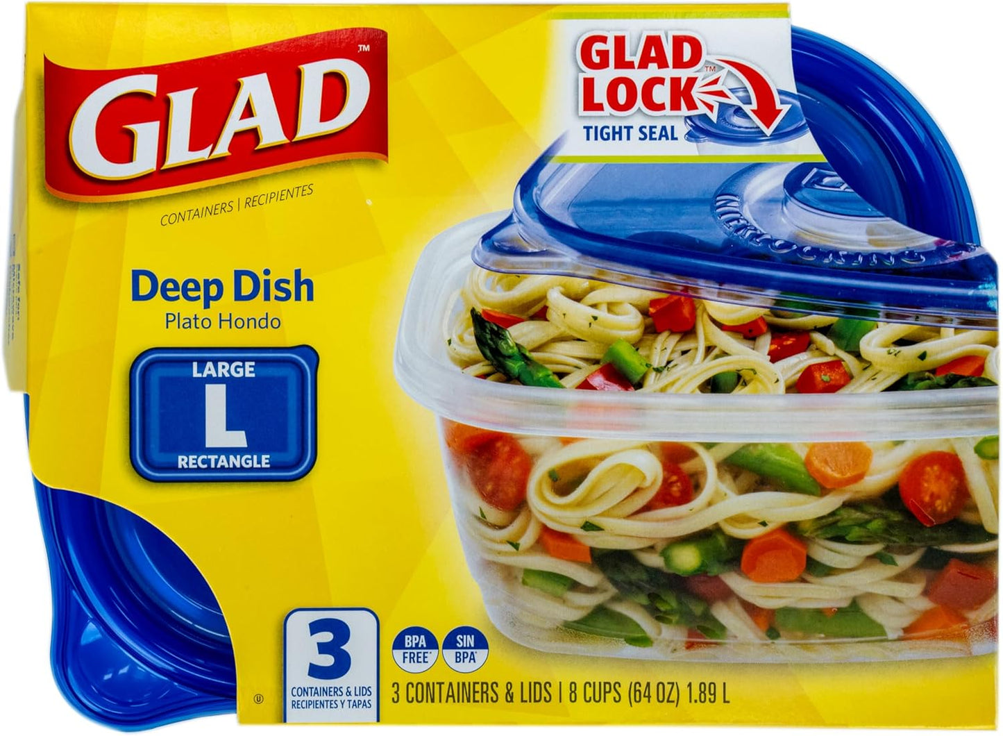 Glad GladWare Tall Entree Food Storage Containers with Lids, Large Square BPA Free Plastic for Meal Prep and Lunches, Lock Tight Seal, Microwave and Dishwasher Safe, 42 Oz, 3 Count