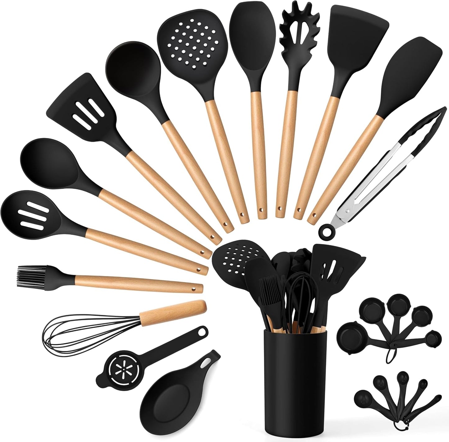 E-far Silicone Cooking Utensils Set, 5-Piece Kitchen Utensils Set with Wooden Handle for Cooking, Silicone Kitchen Nonstick Tools Spatula Turner Slotted Spoons, Nontoxic & Heat Resistant-Khaki