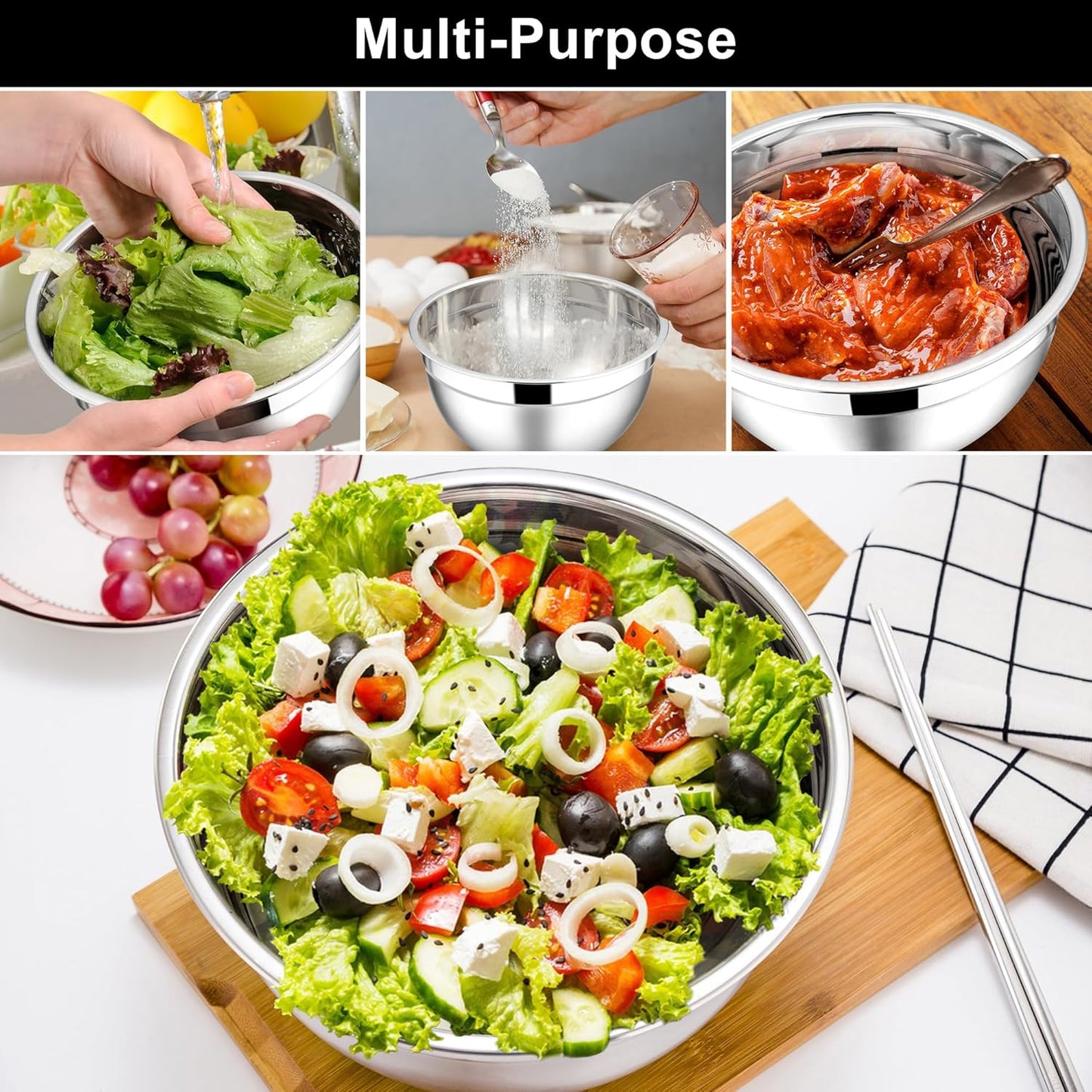 E-far Mixing Bowls With Lids Sets of 5, 10-Piece Stainless Steel Salad Metal Nesting Bowl for Baking Cooking and Prepping, Airtight Lid & Stackable Design, Size 4.6, 3, 2.1, 1.5, 0.7 QT, Black
