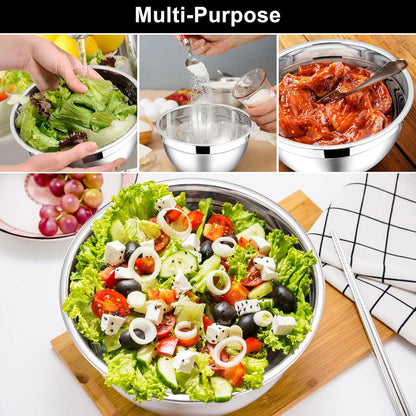 E-far Mixing Bowls With Lids Sets of 5, 10-Piece Stainless Steel Salad Metal Nesting Bowl for Baking Cooking and Prepping, Airtight Lid & Stackable Design, Size 4.6, 3, 2.1, 1.5, 0.7 QT, Black