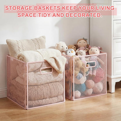 Funnymoom 2 Pcs Foldable Metal Wire Basket 13 x 13 Inch Black Cube Storage Bins Stackable Wire Laundry Baskets Organizer with Handle for Shelves Pantry Cabinet File Graduation Gift