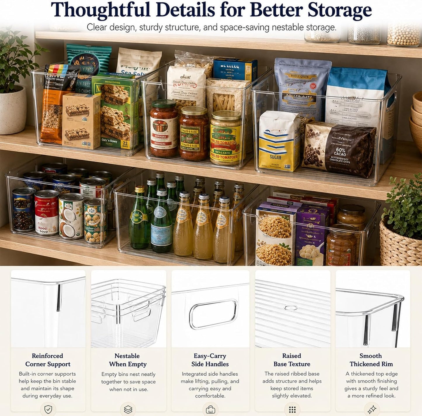 MOONEDGE 6 Pack Clear Organizer Bins 11x8x6in Pantry Organizers and Storage | Clear Containers for Organizing, Plastic Storage Bins with Handles for Drawer, Craft, Fridge, Kitchen Cabinet Shelf